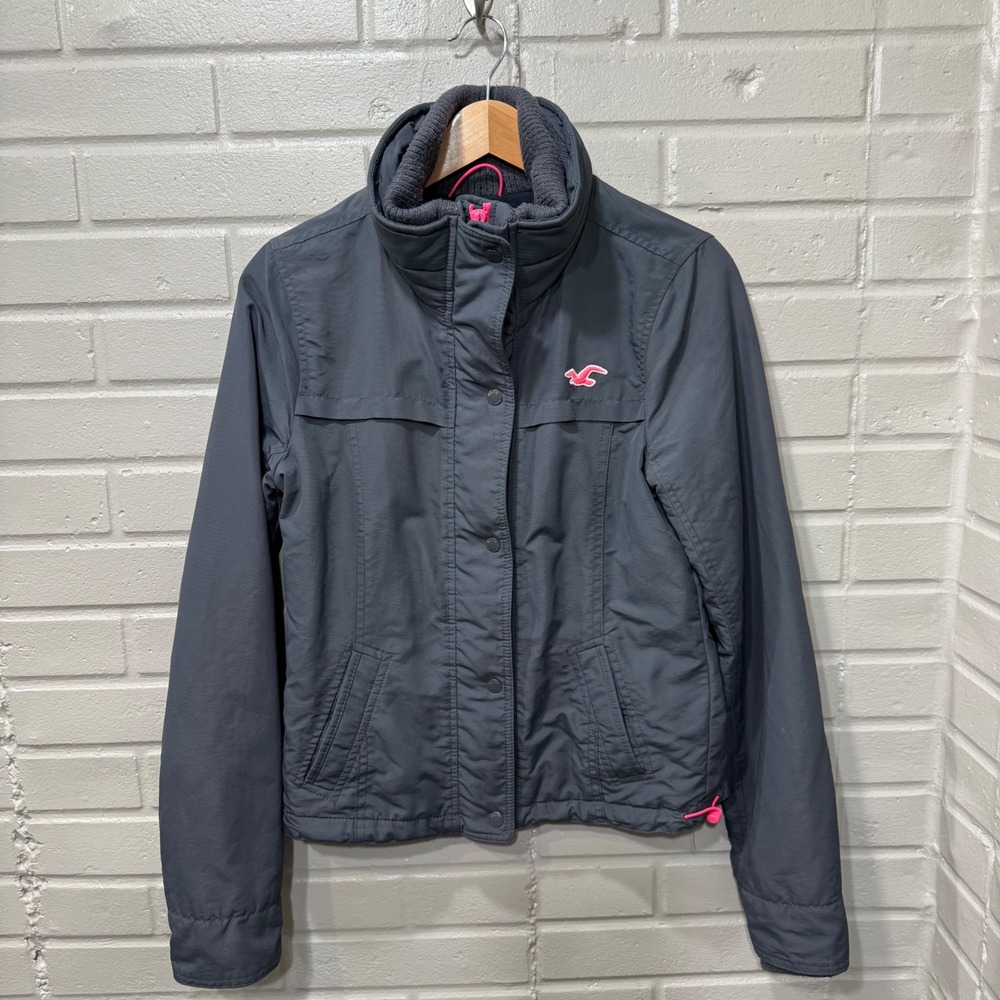 Y2K Hollister Charcoal Jacket Transitional Fleece Lined Gray Pink Full Zip Sml